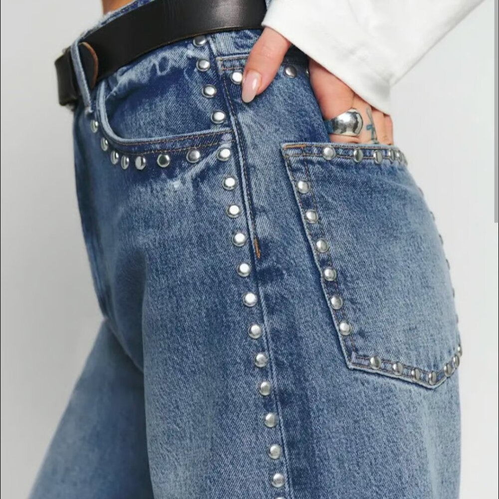 Reformation Cary High Rise Slouchy Wide Leg Jeans Color in Chesapeake Studded